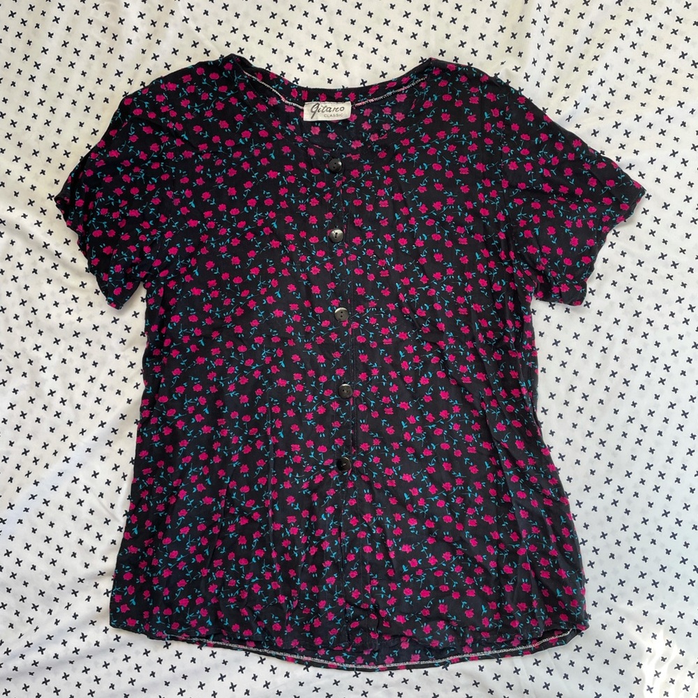 Button up floral rose vintage retro blouse